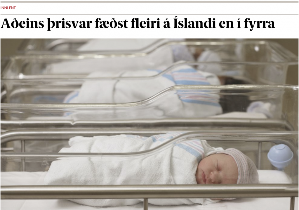 Screenshot from an online article in an Icelandic newspaper: Að­eins þrisvar fæðst fleiri á Ís­landi en í fyrra